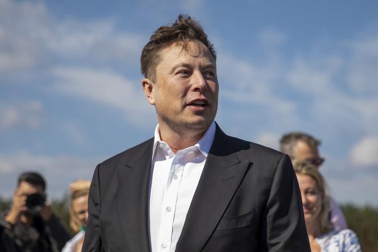 Image: Elon Musk talks to reporters at the construction site of the new Tesla Gigafactory on Sept. 3, 2020 near Gruenheide, Germany.
