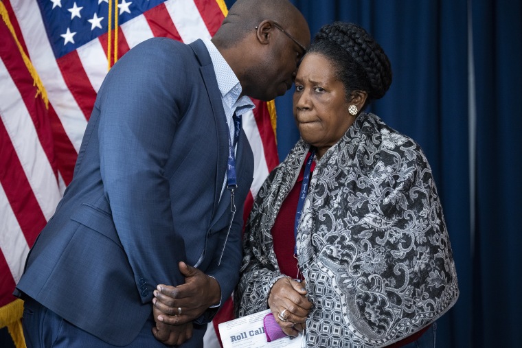 Image: Reps. Sheila Jackson Lee, D-Texas, and Jamaal Bowman, D-N.Y., members of the Congressional Black Caucus, speak during  the House Democratic Caucus Issues Conference in Philadelphia on  March 10, 2022.