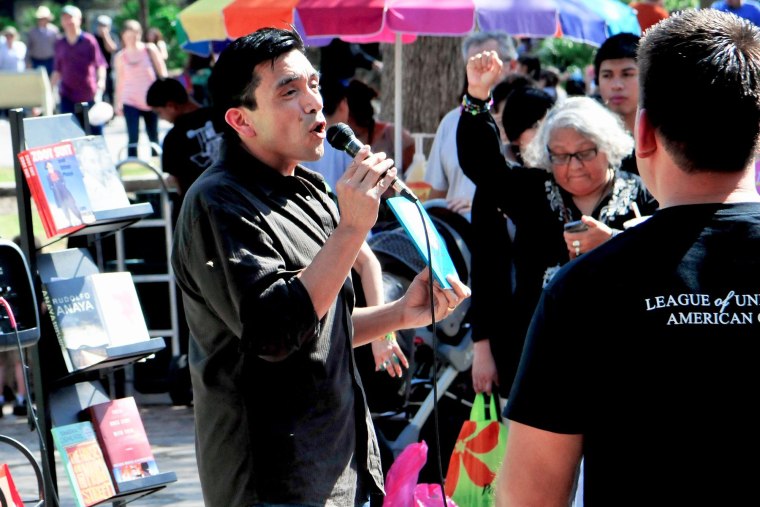 Tony Diaz speaks to a crowd. Librotraficante caravan in 2012 made its first stop at the Alamo in San Antonio.