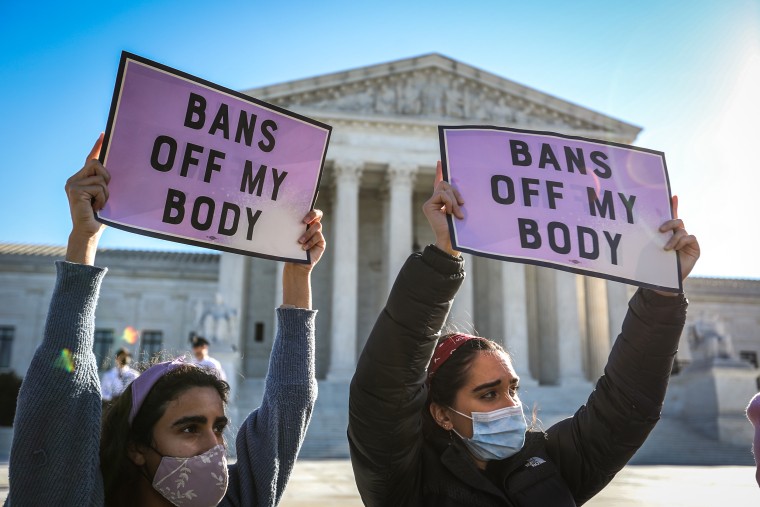 Abortion rights advocates demonstrators protest outside of the Supreme Court in Washington, DC on Nov. 1, 2021.