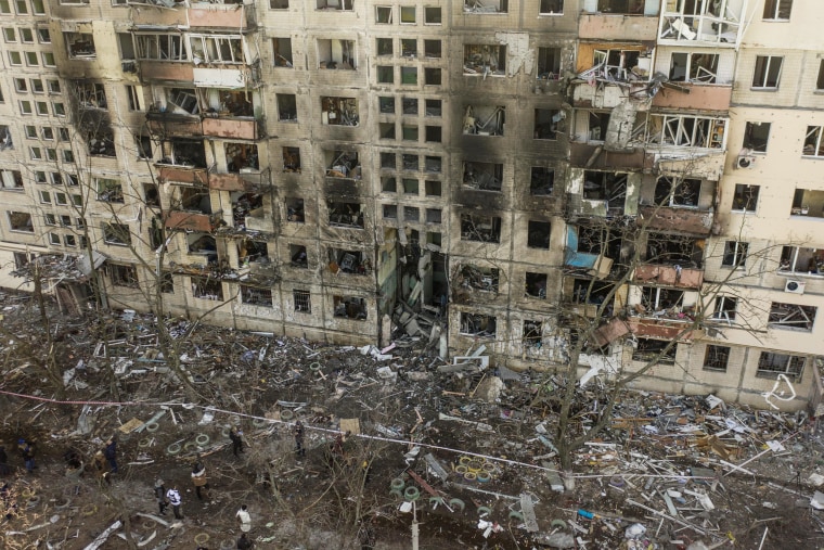 The destruction caused by heavy shelling at a residential building in central Kyiv, Ukraine, on Monday.