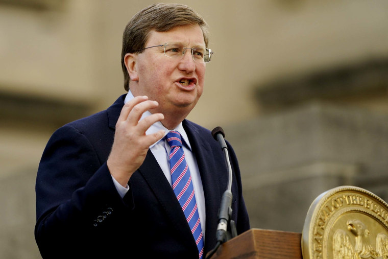 Gov. Tate Reeves outlines his priorities during his State of the State address before a joint session of the Legislature on the steps of the Mississippi State Capitol in Jackson on Jan. 25, 2022.