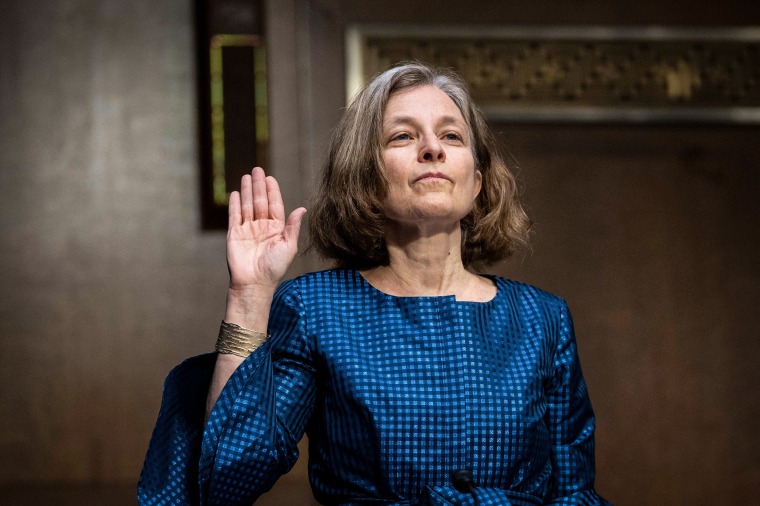 Image: Sarah Bloom Raskin, nominee to be vice chairman for supervision and a member of the Federal Reserve Board of Governors, is sworn in before a Senate Banking, Housing and Urban Affairs Committee confirmation hearing in Washington, DC on Feb. 3, 2022.