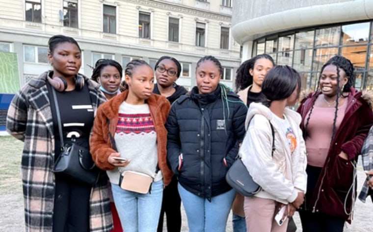 A group of medical students from several African countries who were studying in Ukraine and are now stranded in Budapest.