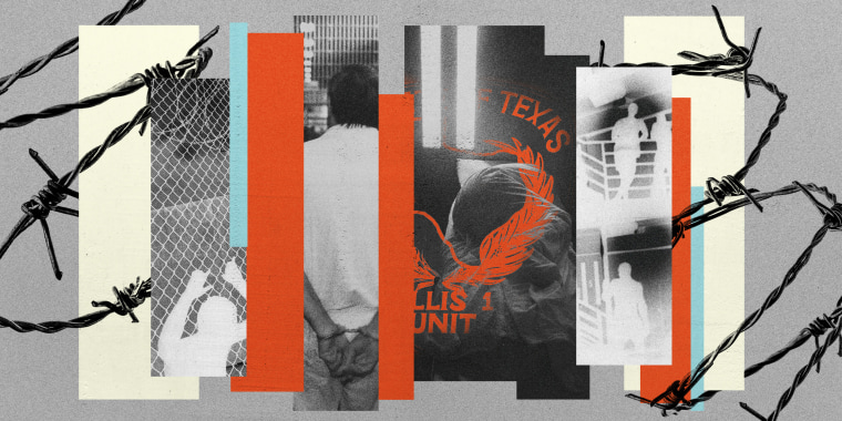 Photo illustration showing barbed wire and scenes from Texas state prisons, including inmates behind a fence, an inmate in handcuffs, and an inmate sleeping in a small bed.