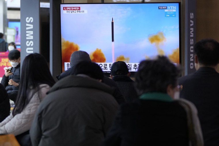 People at a railway station in Seoul, South Korea, watch a TV broadcast in March of a North Korean missile launch.