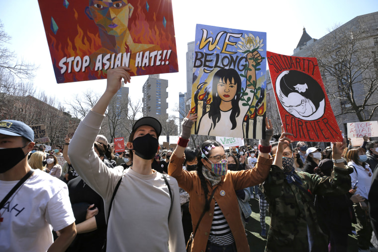 Demonstrators rally to honor shooting victims and to end attacks on Asians in Chinatown in New York City on March 21, 2021.