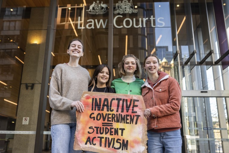 Laura Kirwin, Izzy Raj-Seppings, Ava Princi and Liv Heaton, pictured outside the Federal Court of Australia in Sydney last year, were among the teenagers who tried to stop the expansion of a coal mine.