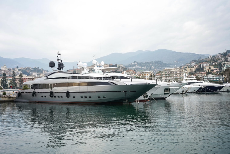 Image: The yacht "Lena", belonging to Gennady Timchenko, an oligarch close to Russian President, in the port of San Remo on on March 5, 2022 .