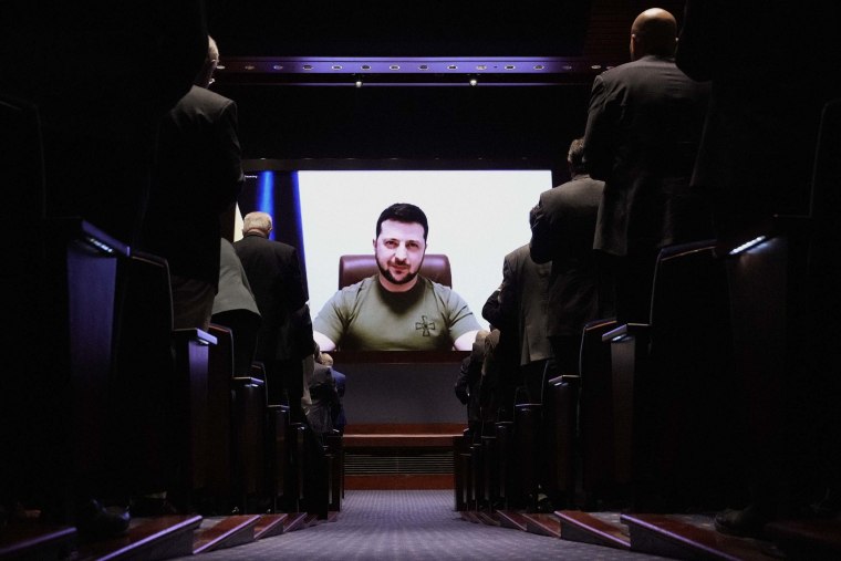 Volodymyr Zelenskyy, Ukraine's president, addressing members of Congress virtually at the U.S. Capitol in Washington, D.C. on Wednesday, March 16.