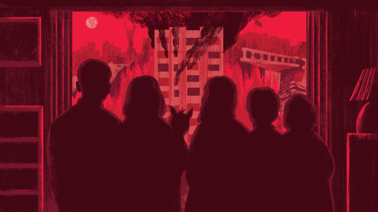 Illustration of a family looking out of their apartment window as the Ukrainian city of Irpin burns and bridges are destroyed.