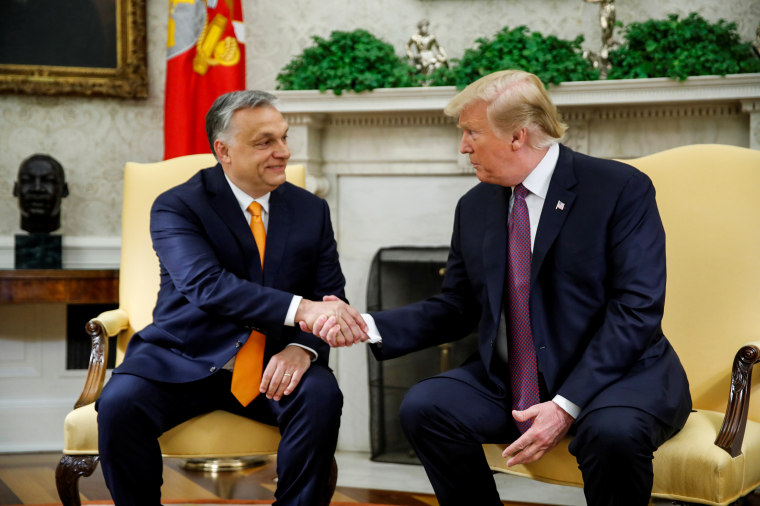 President Donald Trump greets Hungary's Prime Minister Viktor Orban in the Oval Office at the White House on May 13, 2019.