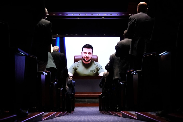 Ukrainian President Volodymyr Zelenskyy virtually addresses Congress on March 16, 2022, at the U.S. Capitol Visitor Center Congressional Auditorium.