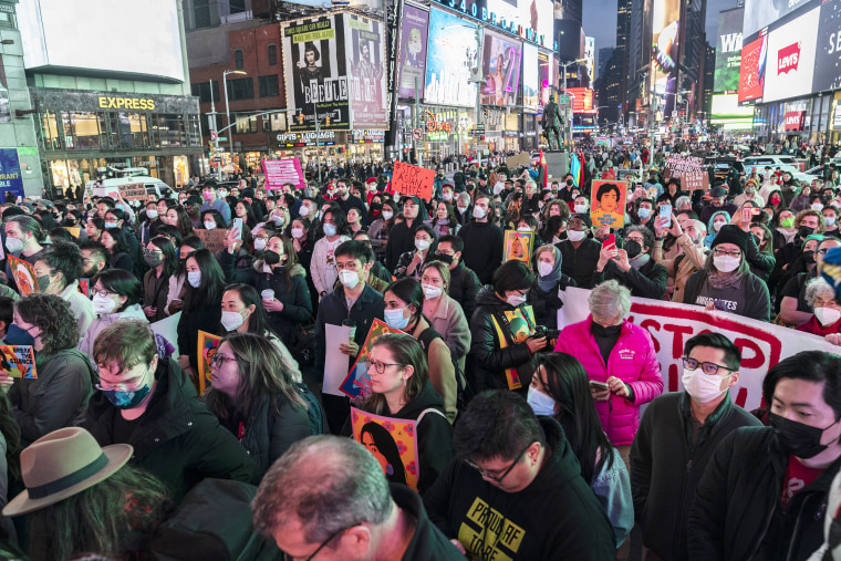 People gather for the Justice for Asian Women Rally in Times Square