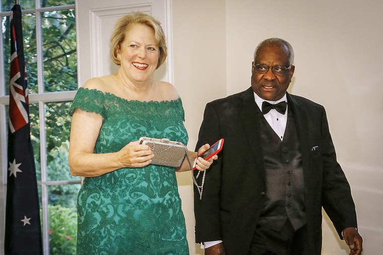 Supreme Court Justice Clarence Thomas and Virginia Thomas arrive for the State Dinner at The White House on Sept. 20, 2019 .