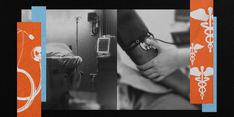 Photo illustration of an empty hospital bed, a Black patient having their blood pressure taken, and a stethoscope.