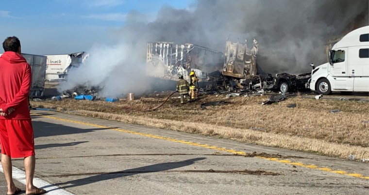 At least five people are dead and a major interstate was shut down after a fiery crash with dozens of vehicles in Missouri, authorities said Thursday.