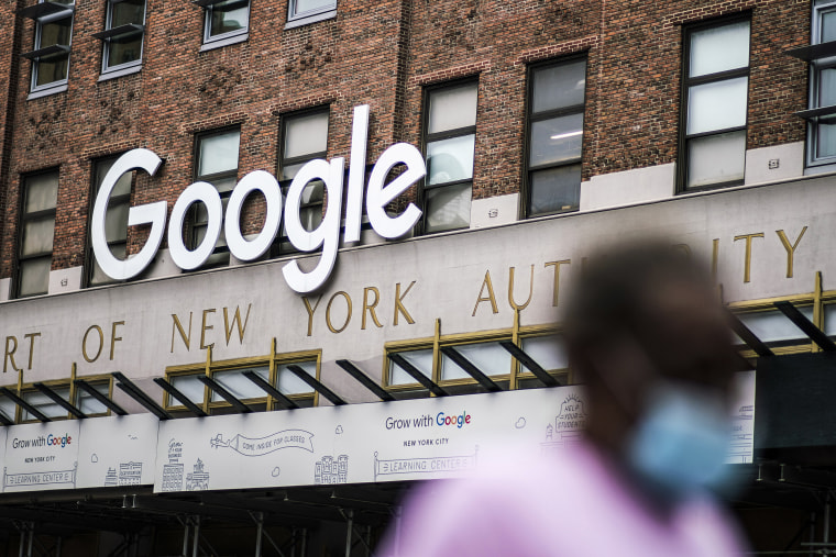 A man walks near the offices of Google on Oct. 22, 2020 in New York.