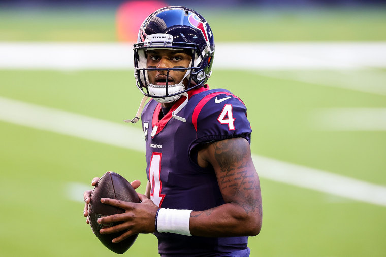 Deshaun Watson of the Houston Texans participates in warmups prior to a game against the Tennessee Titans on Jan. 3, 2021, in Houston.