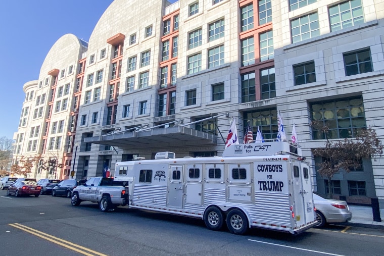 A "Cowboys for Trump" truck is parked outside the courthouse where Couy Griffin is on trial for participating in the Jan. 6 attack on March 21, 2022, in Washington.