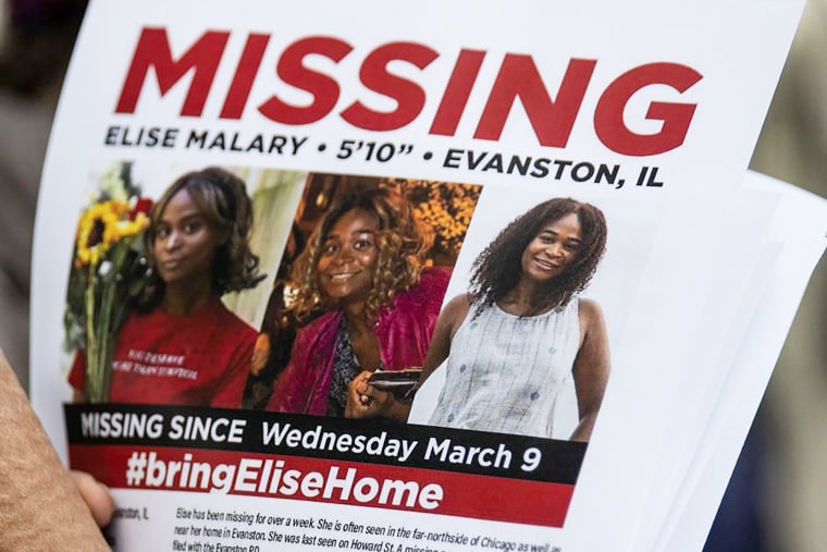 Fliers for missing activist Elise Malary are distributed near the CTA Howard Red Line station on March 17, 2022, in Chicago's Rogers Park neighborhood.