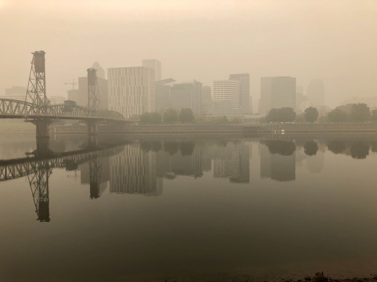 A think blanket of smoke from wildfires covers downtown Portland, Ore., on Sept. 14, 2020. 