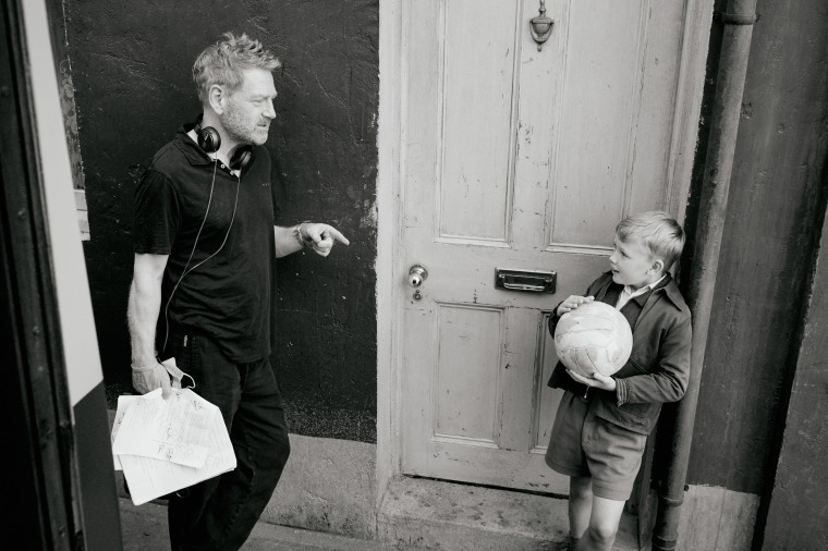 Director Kenneth Branagh and actor Jude Hill on the set of "Belfast."