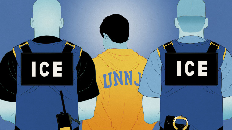 Illustration of two ICE officers and a prospective student in a UNNJ hoodie.