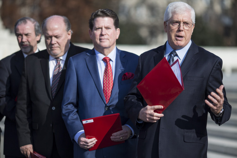 Mat Staver, founder and chairman of the Liberty Counsel, right, speaks outside the Supreme Court on Dec. 12, 2018.