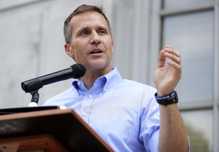 Missouri Gov. Eric Greitens speaks to supporters during a rally on May 23, 2017, outside the state Capitol in Jefferson City, Mo.