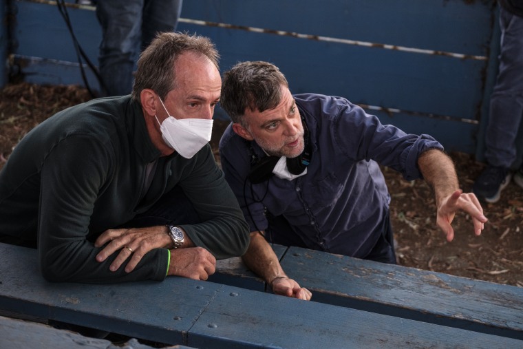 Director Paul Thomas Anderson, right, with camera operator Colin Anderson on the set of "Licorice Pizza."