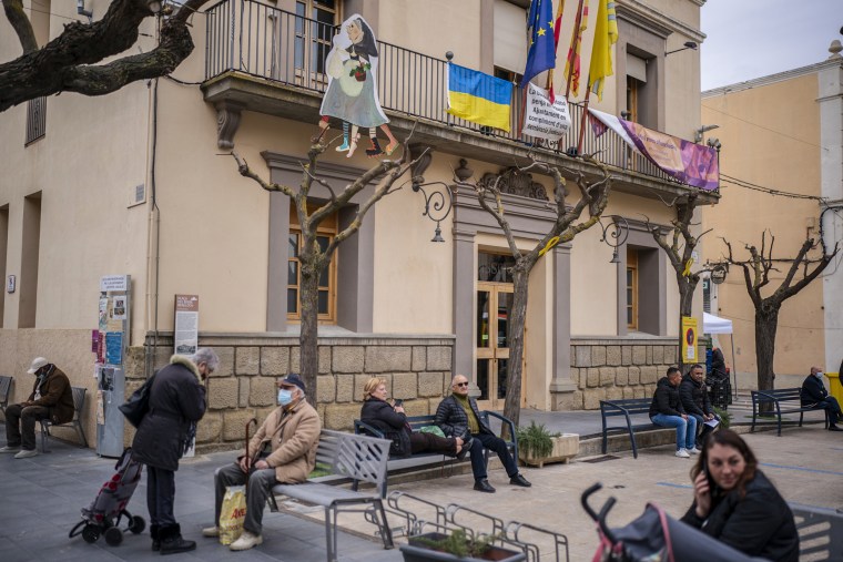 A Ukrainian flag is displayed on the Town Hall of the village of Guissona in Lleida, Spain, on March 17, 2022.