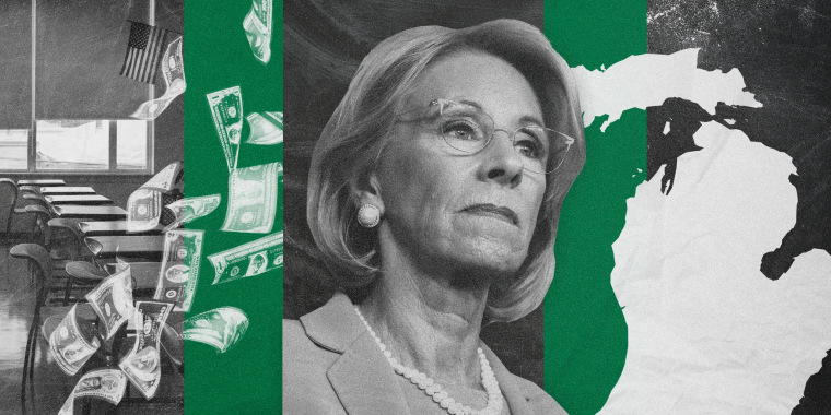 Photo illustration of a classroom, Betsy Devos, floating money, and the state of Michigan.