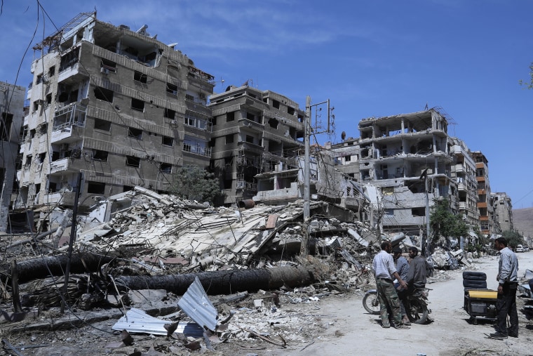 Damaged buildings in the town of Douma, the site of a suspected chemical weapons attack, near Damascus on April 16, 2018.