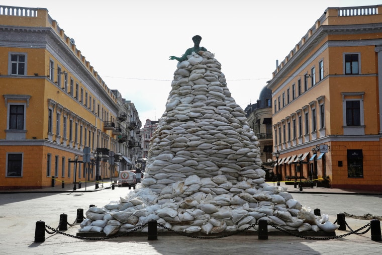 Monument of city founder Duke de Richelieu is seen covered with sand bags for protection in Odessa