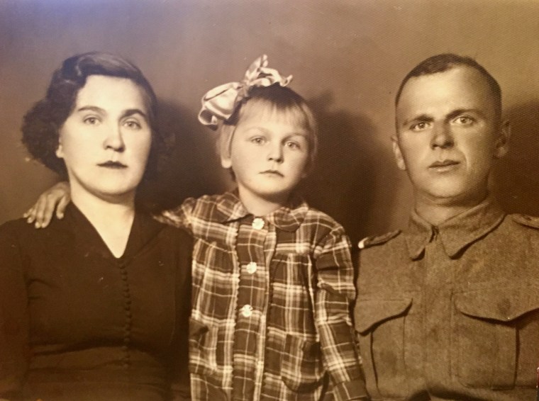 Marie Soltys with her parents after her deportation from Ukraine.