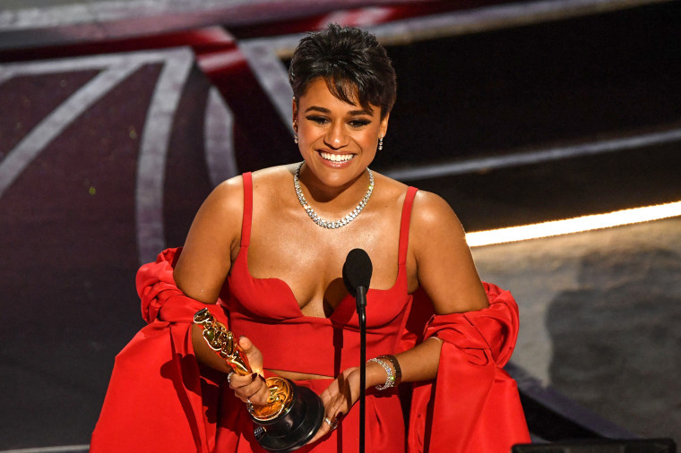 Actress Ariana DeBose accepts the award for Best Actress in a Supporting Role for her performance in "West Side Story" onstage during the Oscars in Los Angeles on Sunday.