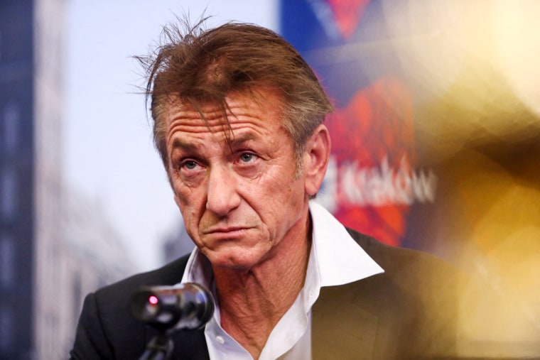 Sean Penn looks attends a news conference in Krakow, Poland, on March 23, 2022.