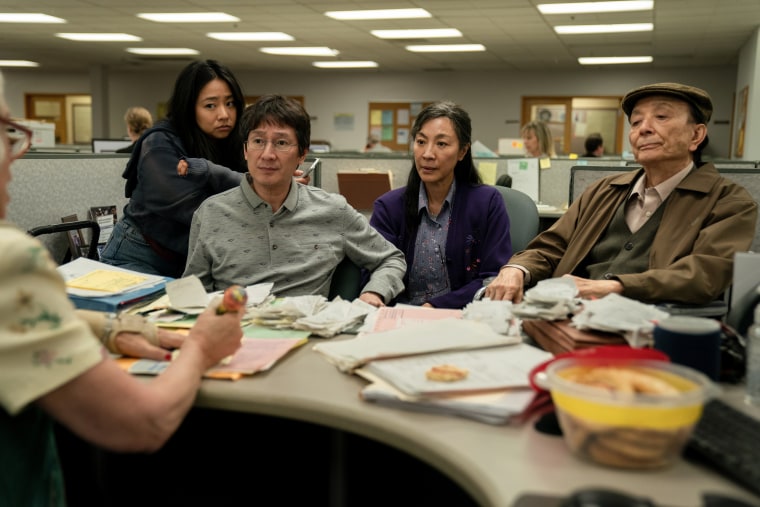 From left, Stephanie Hsu, Ke Huy Quan, Michelle Yeoh and  James Hong in "Everything Everywhere All at Once."
