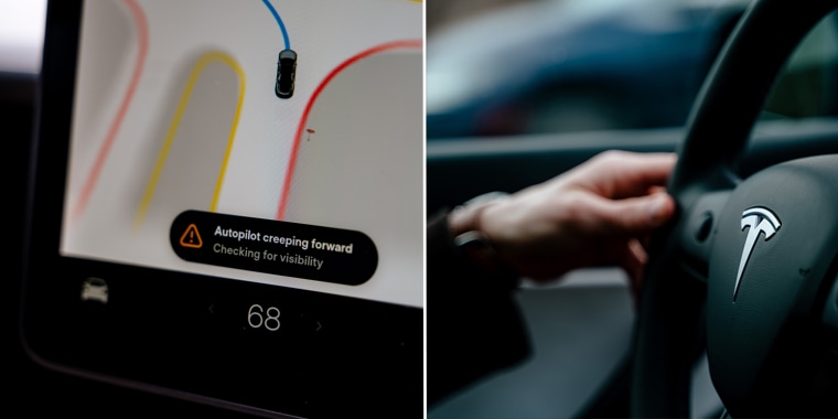 The text displays indicating what Full Self-Driving mode is doing moment by moment in Matt Smith's Tesla as he drives.