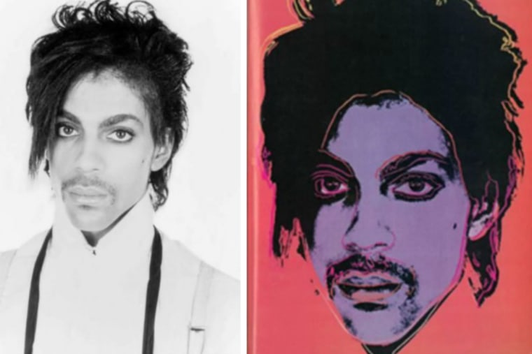 The original Lynn Goldsmith photograph of Prince and Andy Warhol's portrait of the musician.