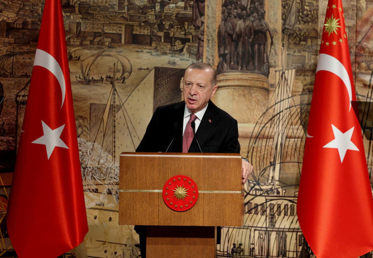 Turkish President Recep Tayyip Erdogan speaks ahead of the peace talks between delegations from Russia and Ukraine at Dolmabahce Presidential Office in Istanbul, Turkey on Tuesday, March 29.