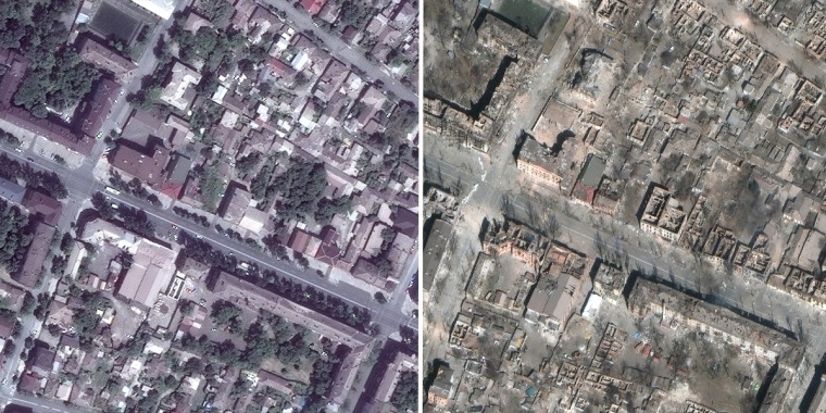 A Maxar satellite image shows residential buildings before and after bombings, in Mariupol, Ukraine, on March 20, 2022.