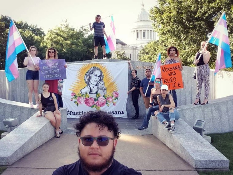Supporters of Intransitive protest the death of Roxsana Hernandez, a transgender woman from Honduras who died in ICE custody in 2018.