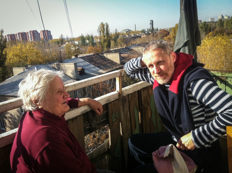 Sasha's dad and grandma in Donbas, Ukraine.