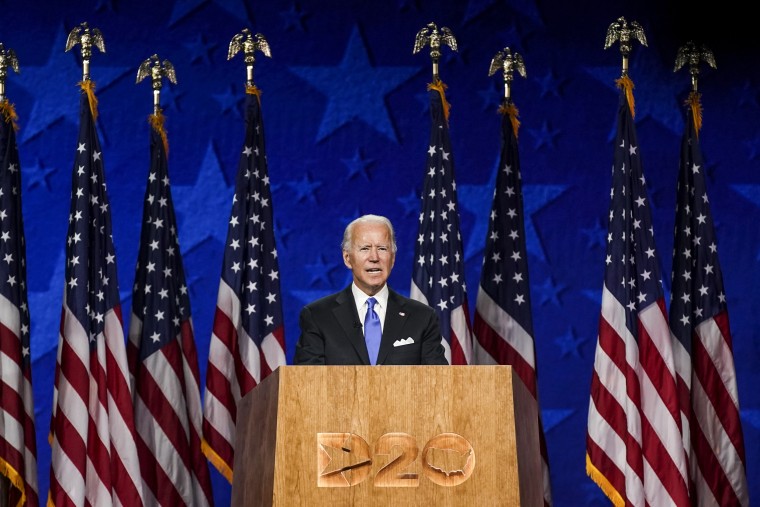Then-nominee Joe Biden speaks during the Democratic National Convention in Wilmington, Del., on Aug. 20, 2020.