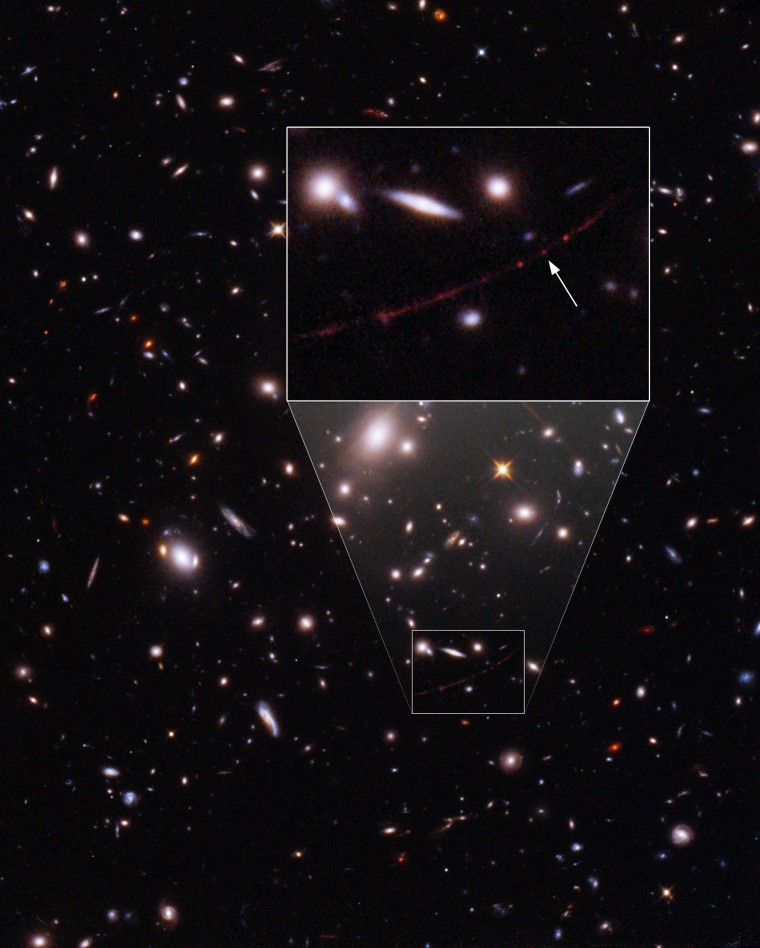 The star nicknamed Earendel, indicated by the arrow and captured by the Hubble Space Telescope, establishes a new record by detecting the light of a star that existed within the first billion years after the Big Bang, the most distant individual star ever seen.