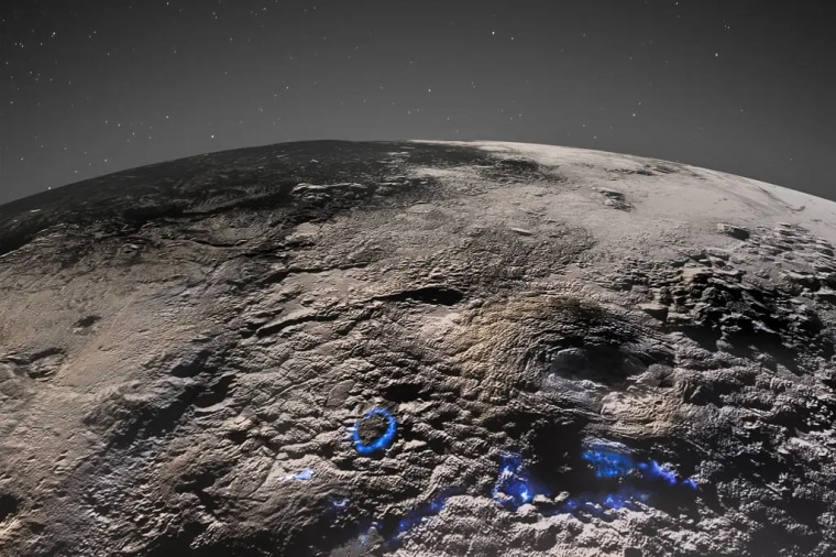 Blue markings indicate evidence for potential cryovolcanism in a 2015 image of Pluto taken by the New Horizons Probe.