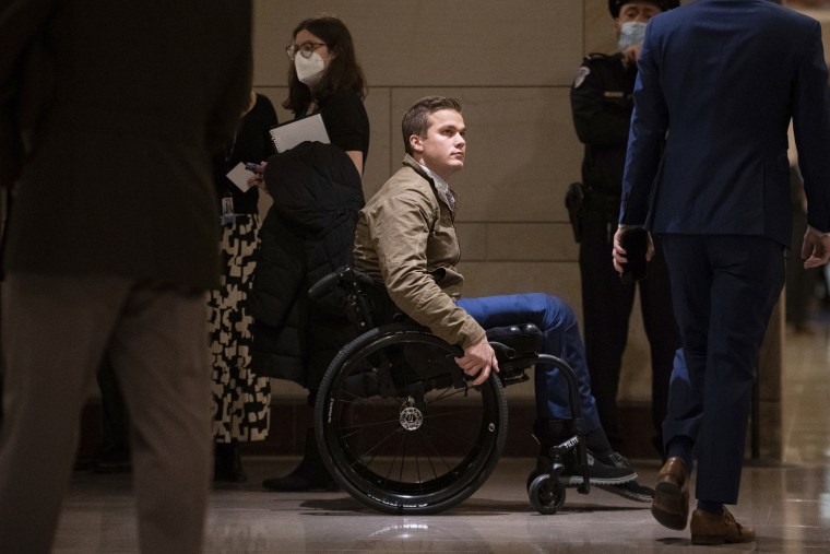 Rep. Madison Cawthorn departs a briefing by senior Biden officials on Ukraine and Russia, in Washington on Feb. 3, 2022.