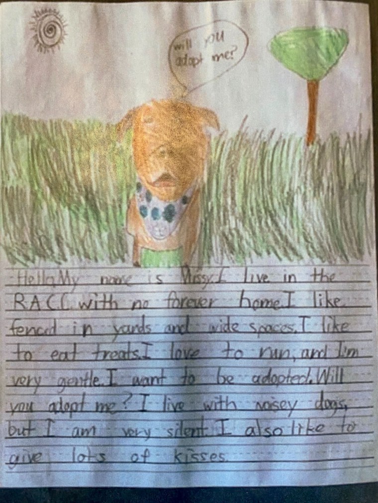 Parker Witthoefft, 7, enjoyed writing about Missy from her perspective as part of a class assignment. He even tried to convince his parents to adopt Missy — no luck, but she was one of the first pets adopted, thanks to his essay.